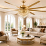 Kviflon 5003 Gold 72-inch crystal ceiling fan with eight fixed blades in a living room. Gold finish shown.