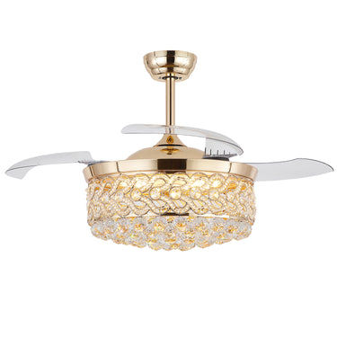 9020 Modern Gold Crystal Retractable Ceiling Fan with Light, isolated on white background