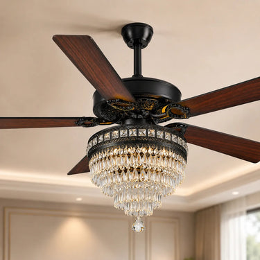 Kviflon 5003 Black crystal ceiling fan with five fixed blades for the 52-inch and 62-inch models.
