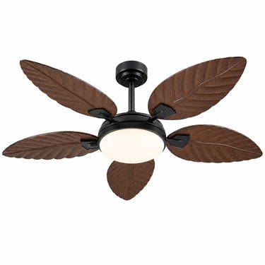 Angled view of Kviflon 52 inch brown palm leaf ceiling fan with LED light