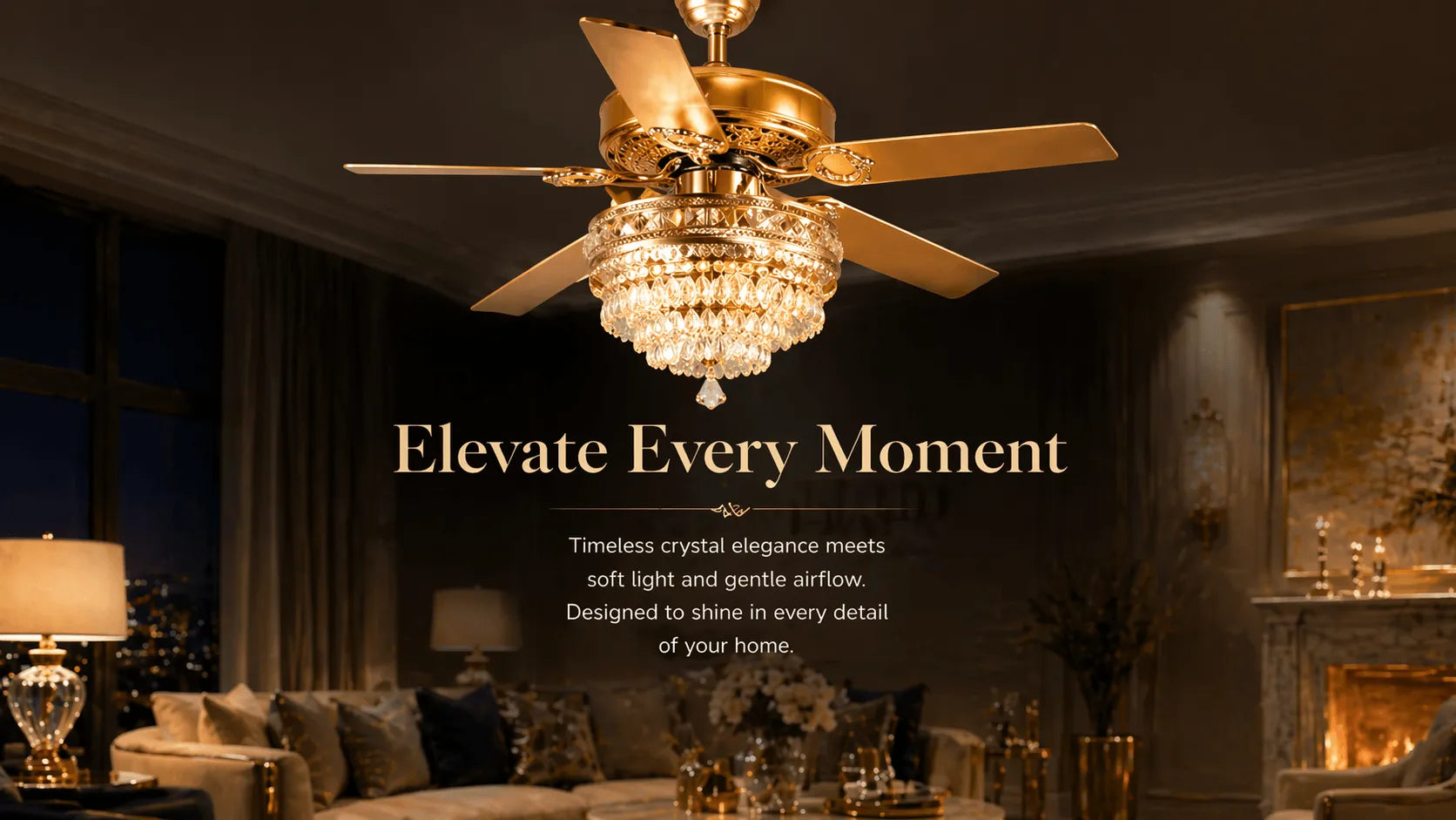 Kviflon 5003 luxury K9 crystal chandelier ceiling fan with 5 gold metal blades, high airflow decorative fan for elegant dining room