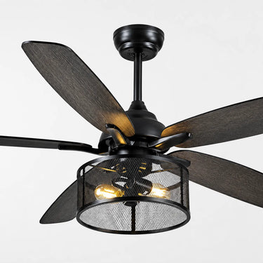 Kviflon 8235 48/56 inch farmhouse caged ceiling fan with light, black industrial two-tone 5-blade fan with remote control