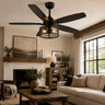 Kviflon 8235 56 inch rustic farmhouse ceiling fan with light installed in a high-ceiling modern industrial living room.