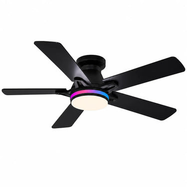52 inch black RGB ceiling fan with modern flush mount design installed in living room with ambient lighting