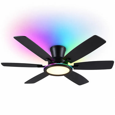 Angled view of Kviflon 8246 black RGB ceiling fan with large LED light panel