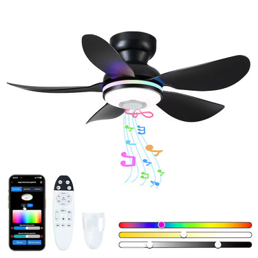 Kviflon 8922 black RGB Bluetooth low profile ceiling fan with light and remote control