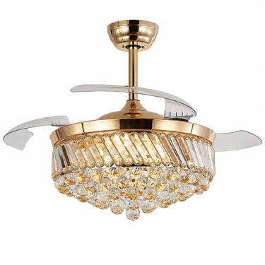 Kviflon 9016 48 inch luxury golden crystal retractable ceiling fan with light, modern elegant fandelier with 4 clear acrylic automatic blades.