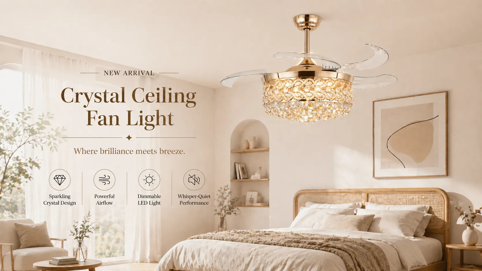 Kviflon 9020 modern crystal retractable ceiling fan with lights, 42 inch invisible blades fanned chandelier for bedroom and living room.