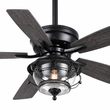 Kviflon A5012 52 inch modern outdoor ceiling fan with light, wet rated waterproof matte black fan with teardrop glass shade for patio.