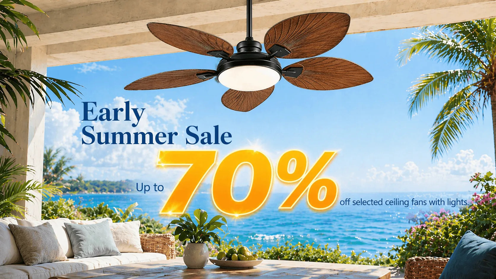 Kviflon early summer sale banner, up to 70 percent off on luxury crystal and tropical ceiling fans, limited time offer