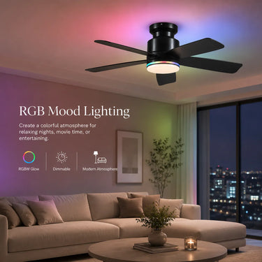 52 inch black RGB ceiling fan with ambient ring lighting for living room