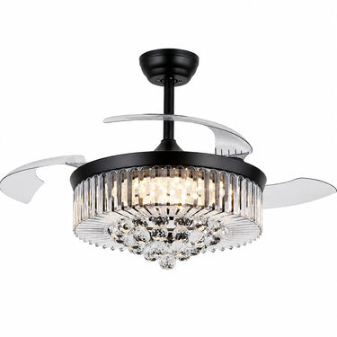 luxury black crystal retractable ceiling fan with hidden folded blades and elegant romantic chandelier look