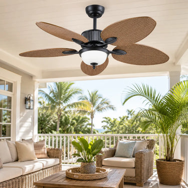 Cabana tropical palm leaf ceiling fan installed on a covered patio