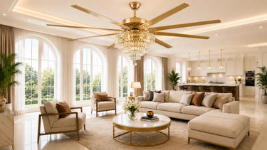 Kviflon 5003 Gold 72-inch crystal ceiling fan with eight fixed blades in a living room. Gold finish shown.