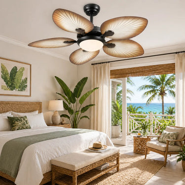 Elegant master bedroom interior decor with a smart walnut palm leaf ceiling fan installed above a king-size bed.