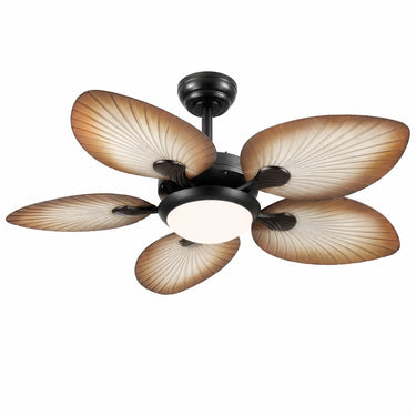 8230 smart tropical palm leaf ceiling fan with light wood walnut finish blades and LED light.