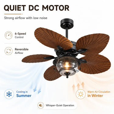 Diagram showing quiet DC motor with reversible airflow modes for cooling in summer and heat circulation in winter.