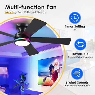 46‘’ RGB Ceiling Fan with Side Light | Quiet Flush Mount, App & Remote Control |B8509 RGB