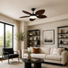 Model 8918 dark brown woven leaf ceiling fan with LED light installed in a modern living room.
