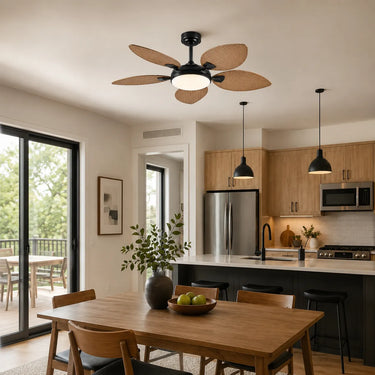 Model 8918 natural woven leaf ceiling fan with LED light installed in a modern kitchen dining room.