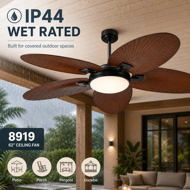 8919 IP44 wet rated outdoor ceiling fan with tropical palm leaf blades for covered patios and porches.