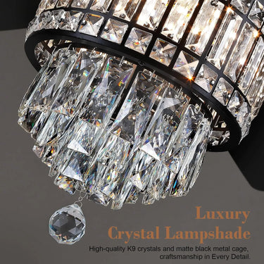 Detailed view of Kviflon 8345 tiered high-index cut crystal cage and signature hanging crystal sphere, reflecting dazzling light rays against a matte black industrial frame