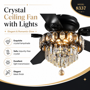 52‘’ Black Crystal Chandelier Ceiling Fan with Lights|8337