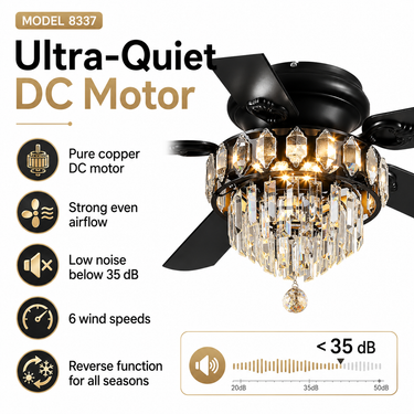 52‘’ Black Crystal Chandelier Ceiling Fan with Lights|8337