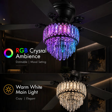 Kviflon 8345 52 inch modern RGB color changing crystal cage ceiling fan with light, black industrial luxury chandelier fan with smart app control.