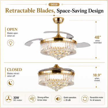 48‘’ Modern Crystal Retractable Ceiling Fan with Light |9019