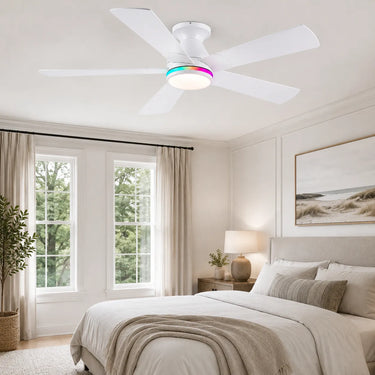 Color Ring 8311 RGB flush mount ceiling fan with light installed in a modern bedroom
