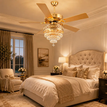 5003 Sleek Silver Crystal Chandelier Ceiling Fan creating a luxury resort vibe inside a cozy master bedroom