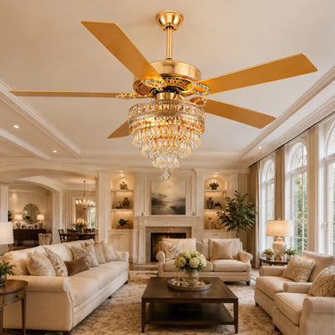 5003 Sleek Silver Crystal Chandelier Ceiling Fan creating a luxury resort vibe inside a cozy master bedroom