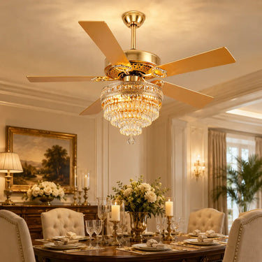 5003 Matte Black Vintage Retro Crystal Ceiling Fan installed inside an elegant American dining room