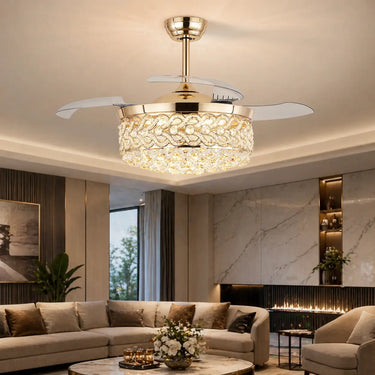9020 Modern Gold Crystal Retractable Ceiling Fan with Light inside a luxury American living room setting