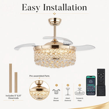 Size guide and hanging dimensions specification chart for 9020 modern crystal ceiling fan