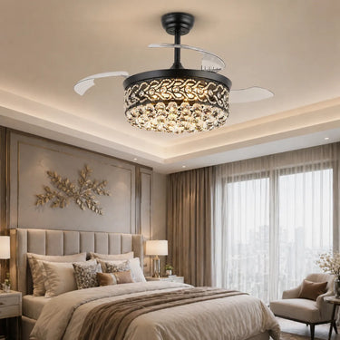 9020 Luxury Retractable Crystal Fandelier in black Finish installed in a cozy elegant master bedroom