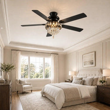 Modern black 52 inch crystal ceiling fan with quiet reversible DC motor for  bedroom