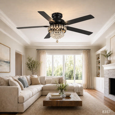 Modern black 52 inch crystal ceiling fan with quiet reversible DC motor for living room