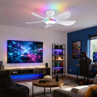 Neon Flow 8922 RGB Bluetooth ceiling fan with light installed in a gaming room