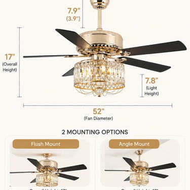 Product dimension diagram for a 52-inch ceiling fan light fixture, showing the fan, mounting options, crystal-like hanging accents, bulb count note, and overall height measurements on a light beige background.