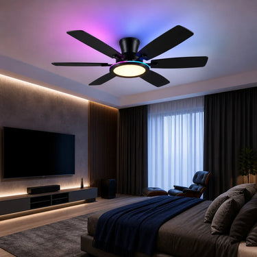 Nova Glow 8246 RGB low profile ceiling fan with light installed in a modern bedroom