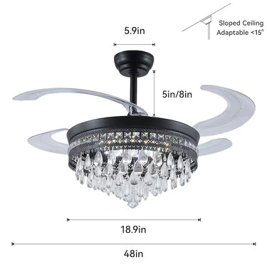 Kviflon 48 in Crystal Retractable Ceiling Fan with Dimmable LED Light and Remote Control