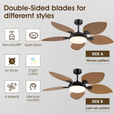 Graphic displaying smart functions of the ceiling fan including 6 wind speeds, timer setting, natural wind, and memory function