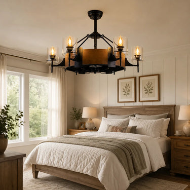 Farmhouse style ceiling fan light in a warm and cozy bedroom with wood furniture