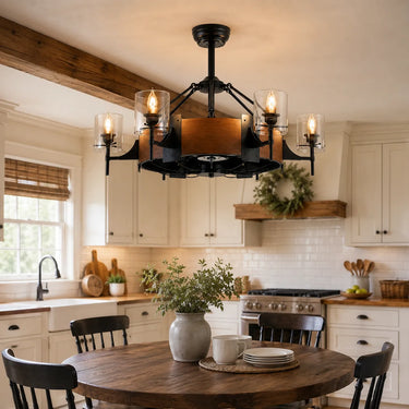 Farmhouse style ceiling fan light above a rustic dining table in a cozy dining room