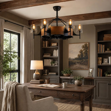 Farmhouse style ceiling fan light in a rustic home office with wood desk and built in shelves