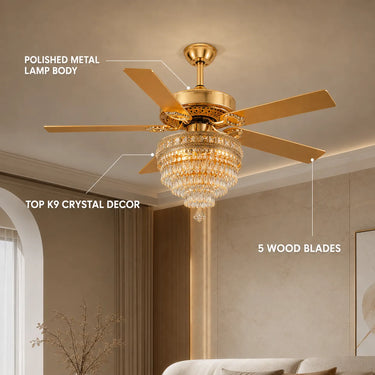 Kviflon 5003 gold crystal ceiling fan showing polished metal body, top K9 crystal decor, and 5 wood blades