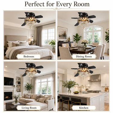 Kviflon 52 inch black crystal ceiling fan with lights and wood double sided blades for bedroom living room dining room kitchen decor