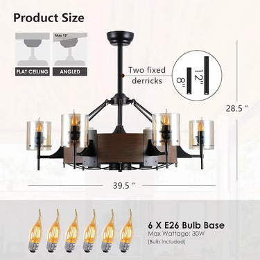Close-up of Kviflon 6038 vintage architectural wood cage frame embedded with 6 elegant candle-style light sockets and size details